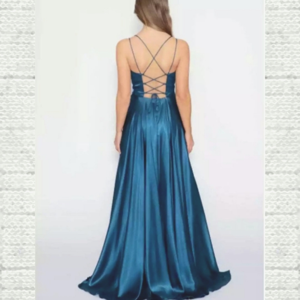 Betsy & Adam Illusion Satin Gown with Lace-Up Back - Picture 2 of 12